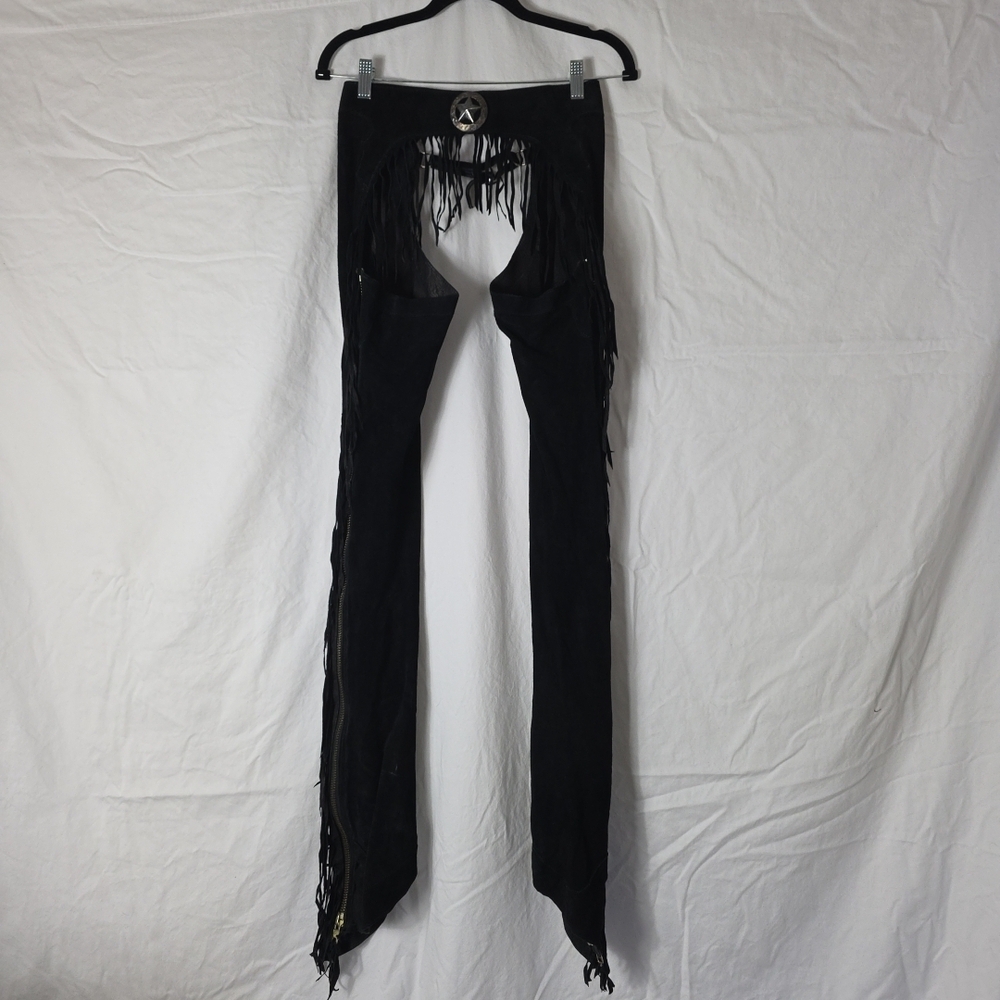 Black Suede Leather Chaps Western Fringe Zip Pants Cowgirl Womens Small